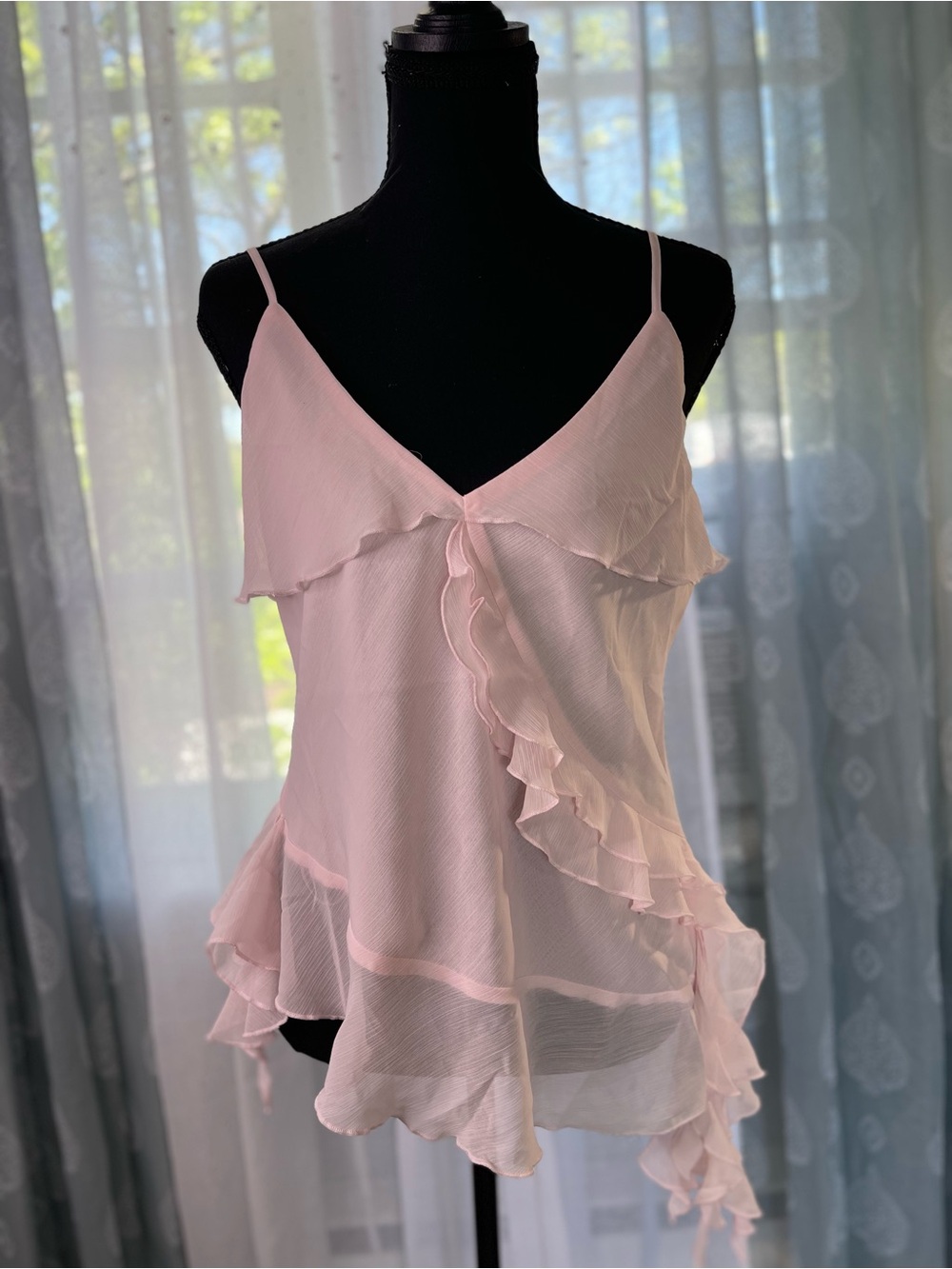 Delicate Light Pink Ruffle Camisole with Spaghetti Straps